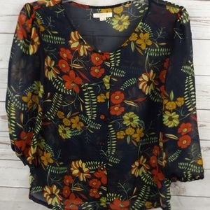 New Sheer Blouse by Tulle Navy Blue Floral